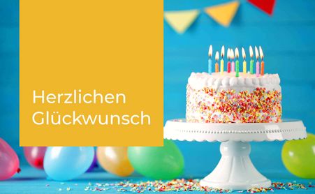 Grußkarte mit Luftballons und Kuchen